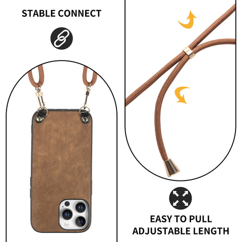 For iPhone 16 Pro Retro Leather Phone Back Cover with Adjustable Strap
