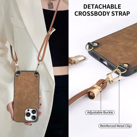 For iPhone 16 Pro Retro Leather Phone Back Cover with Adjustable Strap