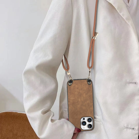 For iPhone 16 Pro Retro Leather Phone Back Cover with Adjustable Strap