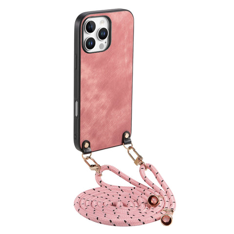 For iPhone 16 Pro Retro Leather Phone Back Cover with Adjustable Strap