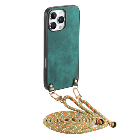 For iPhone 16 Pro Retro Leather Phone Back Cover with Adjustable Strap