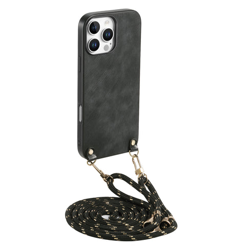 For iPhone 16 Pro Retro Leather Phone Back Cover with Adjustable Strap