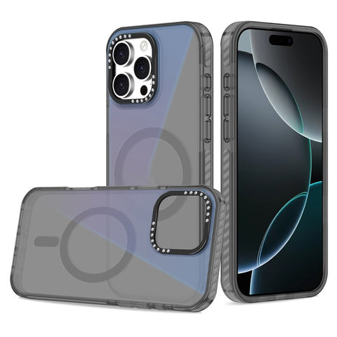For iPhone 16 Pro Max Magnetic Case IMD TPU + PC Phone Back Cover with Metal Lens Frame