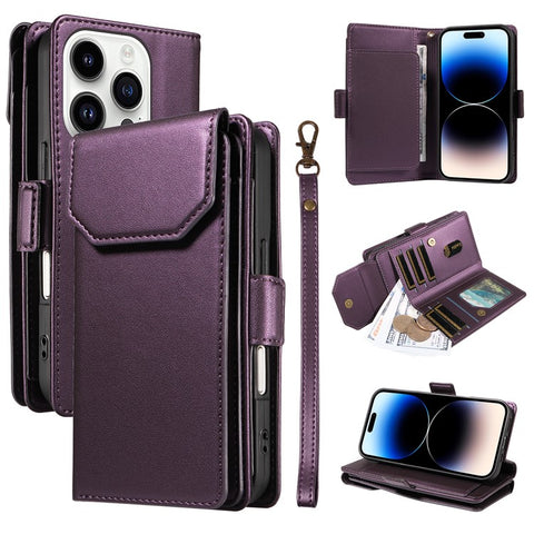 For iPhone 14 Pro Case with Multi-Card Holder and Strap PU Leather Phone Cover Stand