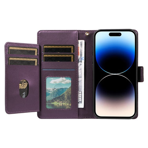 For iPhone 14 Pro Case with Multi-Card Holder and Strap PU Leather Phone Cover Stand