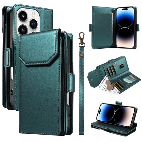 For iPhone 14 Pro Case with Multi-Card Holder and Strap PU Leather Phone Cover Stand
