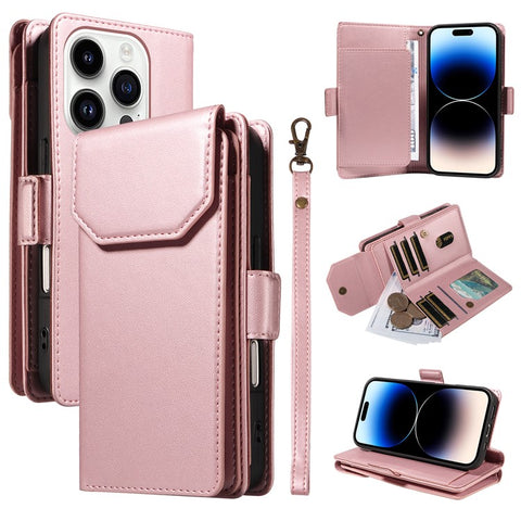 For iPhone 14 Pro Case with Multi-Card Holder and Strap PU Leather Phone Cover Stand