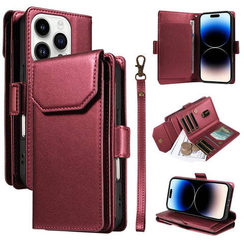 For iPhone 14 Pro Case with Multi-Card Holder and Strap PU Leather Phone Cover Stand