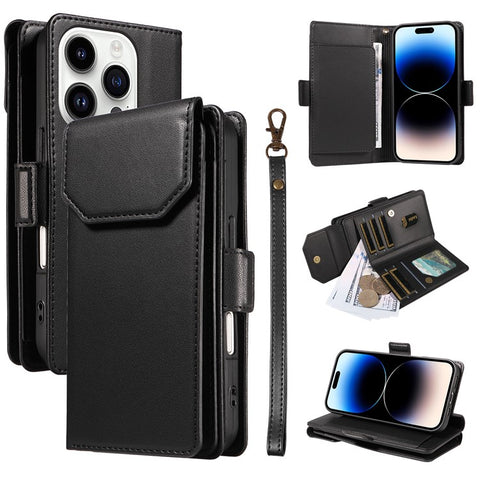 For iPhone 14 Pro Case with Multi-Card Holder and Strap PU Leather Phone Cover Stand