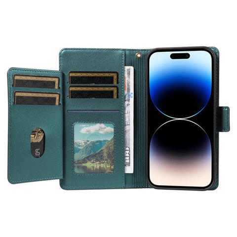 For iPhone 14 Pro Max Case with Multi-Card Holder and Strap PU Leather Phone Cover Stand