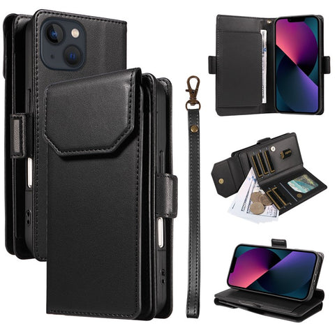 For iPhone 14 Plus Case with Multi-Card Holder and Strap PU Leather Phone Cover Stand