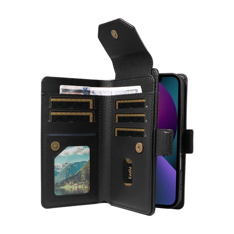 For iPhone 14 Plus Case with Multi-Card Holder and Strap PU Leather Phone Cover Stand
