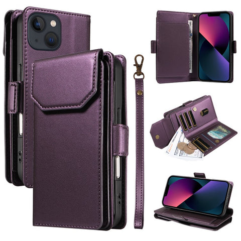 For iPhone 14 Plus Case with Multi-Card Holder and Strap PU Leather Phone Cover Stand