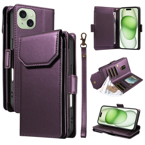 For iPhone 15 Case with Multi-Card Holder and Strap PU Leather Phone Cover Stand