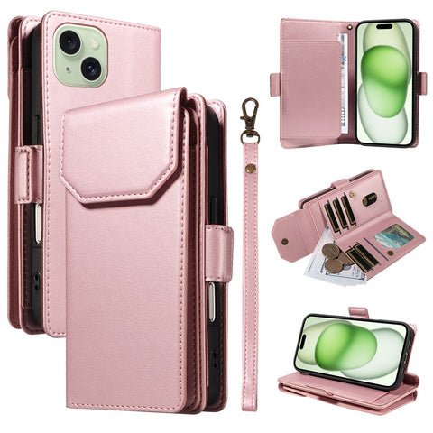 For iPhone 15 Case with Multi-Card Holder and Strap PU Leather Phone Cover Stand
