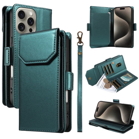 For iPhone 15 Pro Case with Multi-Card Holder and Strap PU Leather Phone Cover Stand