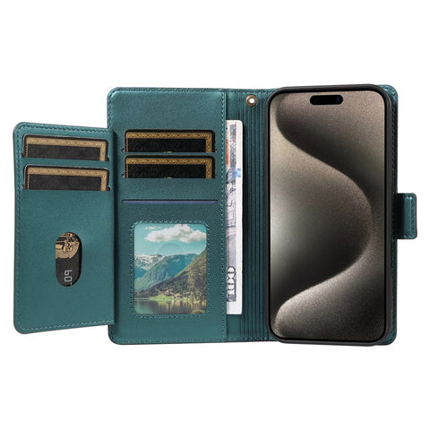For iPhone 15 Pro Case with Multi-Card Holder and Strap PU Leather Phone Cover Stand