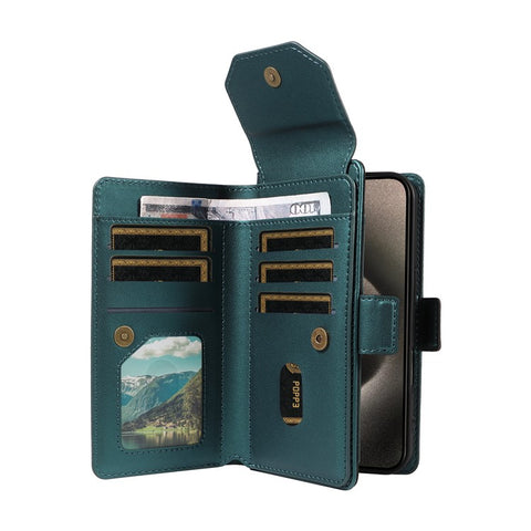 For iPhone 15 Pro Case with Multi-Card Holder and Strap PU Leather Phone Cover Stand