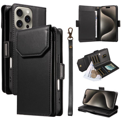 For iPhone 15 Pro Max Case with Multi-Card Holder and Strap PU Leather Phone Cover Stand