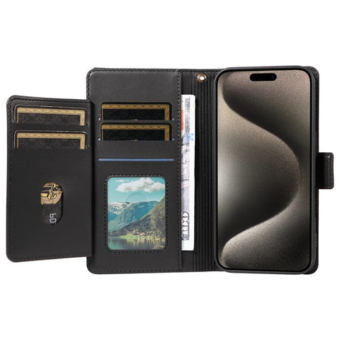 For iPhone 15 Pro Max Case with Multi-Card Holder and Strap PU Leather Phone Cover Stand