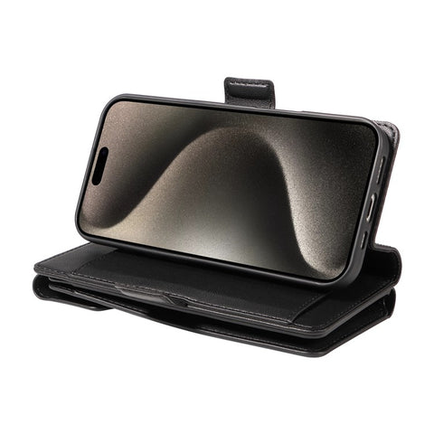 For iPhone 15 Pro Max Case with Multi-Card Holder and Strap PU Leather Phone Cover Stand