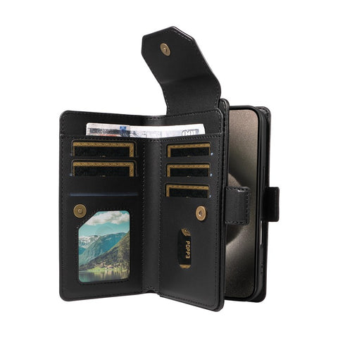 For iPhone 15 Pro Max Case with Multi-Card Holder and Strap PU Leather Phone Cover Stand