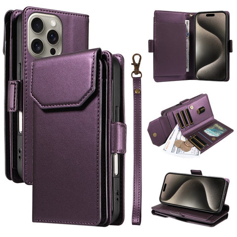 For iPhone 15 Pro Max Case with Multi-Card Holder and Strap PU Leather Phone Cover Stand