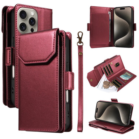 For iPhone 15 Pro Max Case with Multi-Card Holder and Strap PU Leather Phone Cover Stand