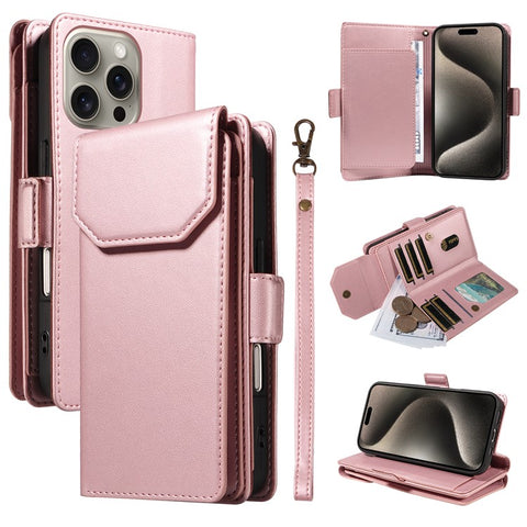 For iPhone 15 Pro Max Case with Multi-Card Holder and Strap PU Leather Phone Cover Stand