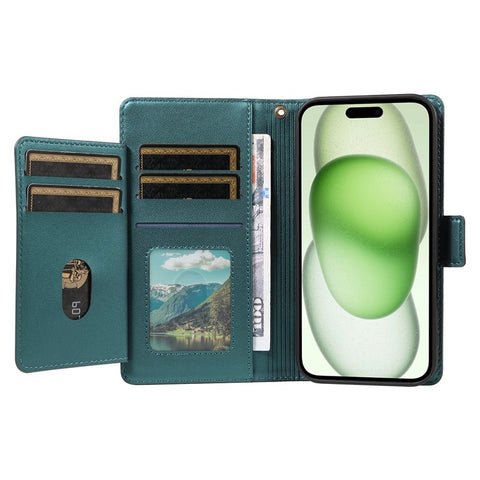 For iPhone 15 Plus Case with Multi-Card Holder and Strap PU Leather Phone Cover Stand