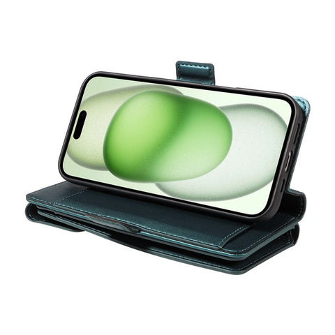 For iPhone 15 Plus Case with Multi-Card Holder and Strap PU Leather Phone Cover Stand