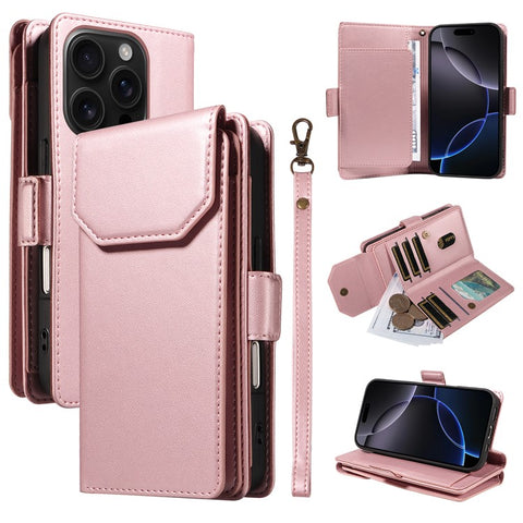 For iPhone 16 Pro Case with Multi-Card Holder and Strap PU Leather Phone Cover Stand