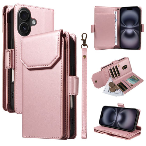 For iPhone 16 Plus Case with Multi-Card Holder and Strap PU Leather Phone Cover Stand