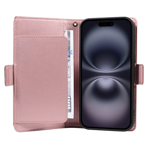 For iPhone 16 Plus Case with Multi-Card Holder and Strap PU Leather Phone Cover Stand