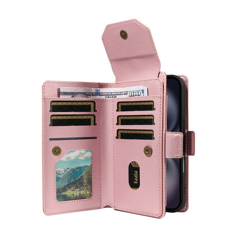 For iPhone 16 Plus Case with Multi-Card Holder and Strap PU Leather Phone Cover Stand