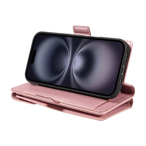 For iPhone 16 Plus Case with Multi-Card Holder and Strap PU Leather Phone Cover Stand