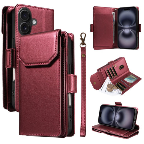 For iPhone 16 Plus Case with Multi-Card Holder and Strap PU Leather Phone Cover Stand