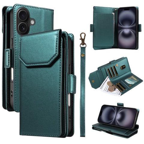 For iPhone 16 Plus Case with Multi-Card Holder and Strap PU Leather Phone Cover Stand