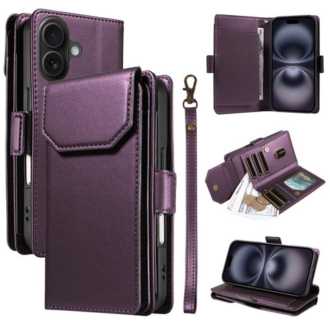 For iPhone 16 Plus Case with Multi-Card Holder and Strap PU Leather Phone Cover Stand