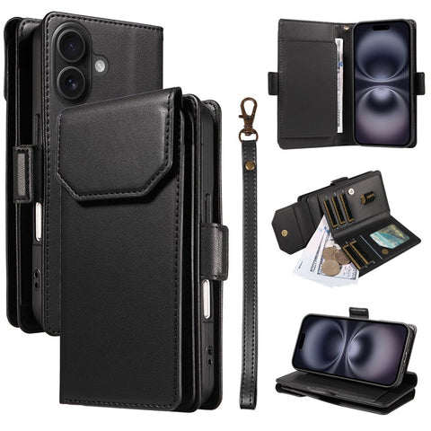 For iPhone 16 Plus Case with Multi-Card Holder and Strap PU Leather Phone Cover Stand