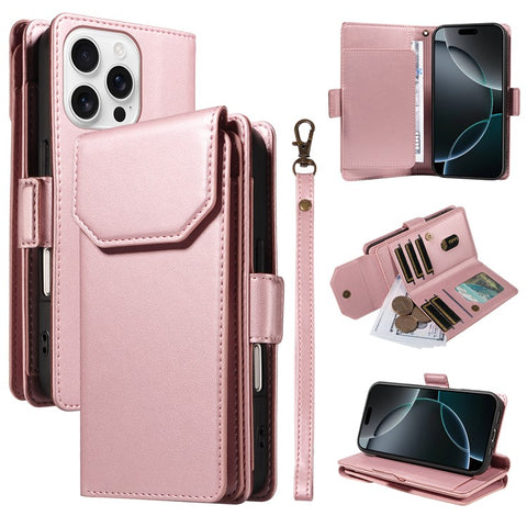 For iPhone 16 Pro Max Case with Multi-Card Holder and Strap PU Leather Phone Cover Stand