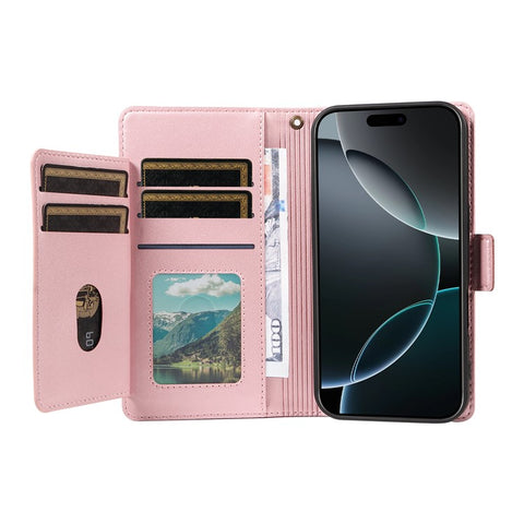 For iPhone 16 Pro Max Case with Multi-Card Holder and Strap PU Leather Phone Cover Stand