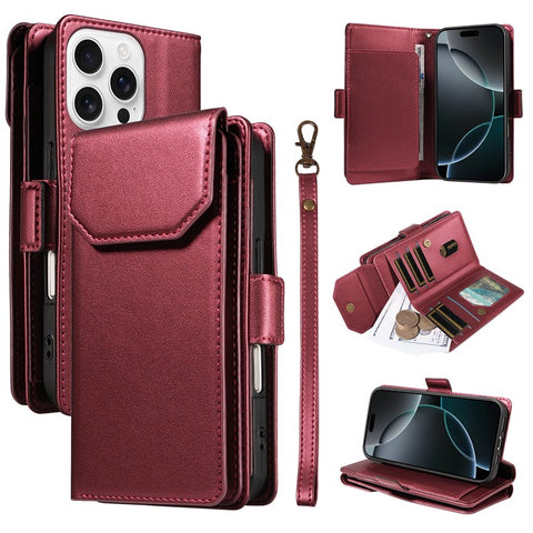 For iPhone 16 Pro Max Case with Multi-Card Holder and Strap PU Leather Phone Cover Stand
