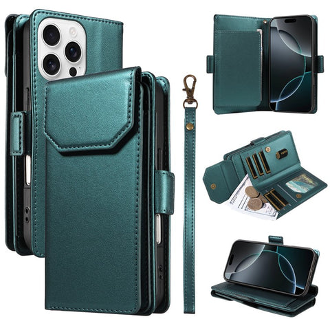 For iPhone 16 Pro Max Case with Multi-Card Holder and Strap PU Leather Phone Cover Stand