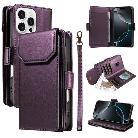 For iPhone 16 Pro Max Case with Multi-Card Holder and Strap PU Leather Phone Cover Stand