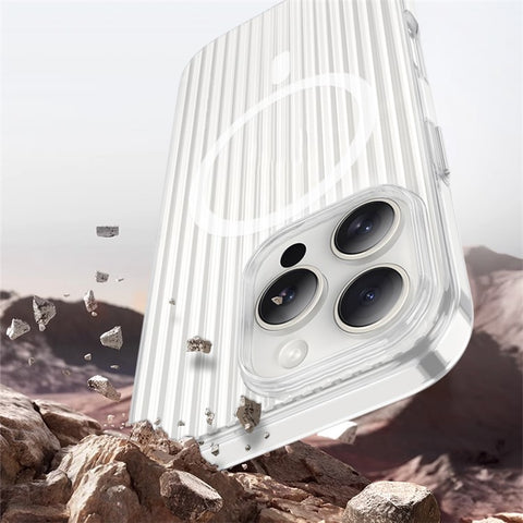 For iPhone 16 Pro Max Magnetic Case Corrugated Design Clear Hard PC Phone Cover