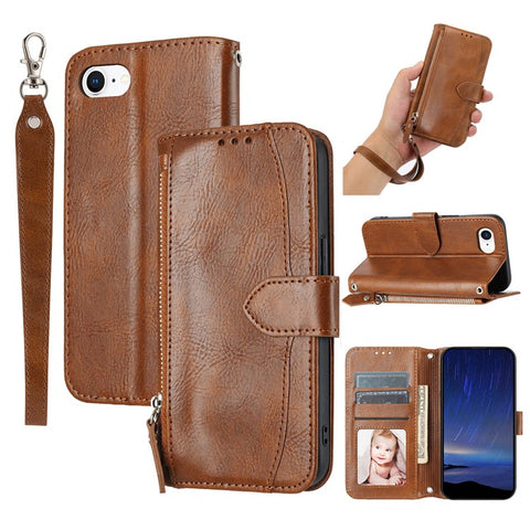 For iPhone 17e / 16e Case Zipper Pocket Leather Phone Cover with Crossbody Shoulder Strap
