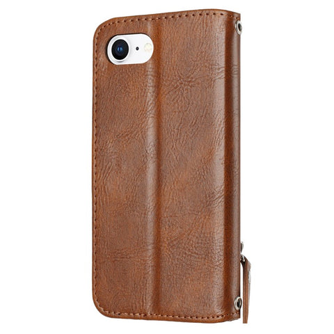 For iPhone 17e / 16e Case Zipper Pocket Leather Phone Cover with Crossbody Shoulder Strap