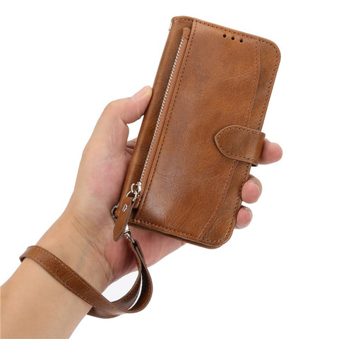 For iPhone 17e / 16e Case Zipper Pocket Leather Phone Cover with Crossbody Shoulder Strap