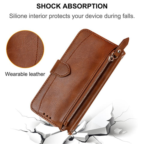 For iPhone 17e / 16e Case Zipper Pocket Leather Phone Cover with Crossbody Shoulder Strap